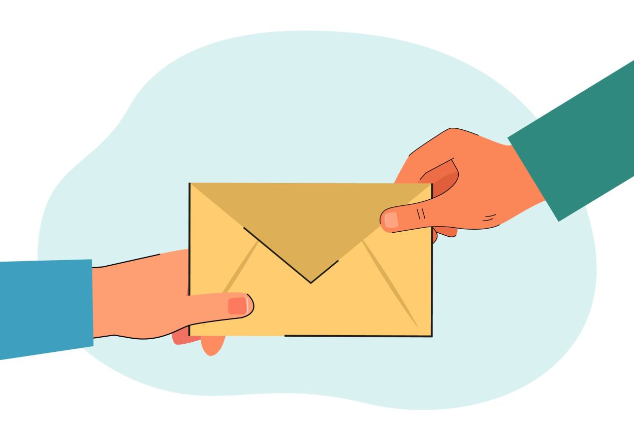 Business greeting card being handed to a client as a gesture of appreciation.