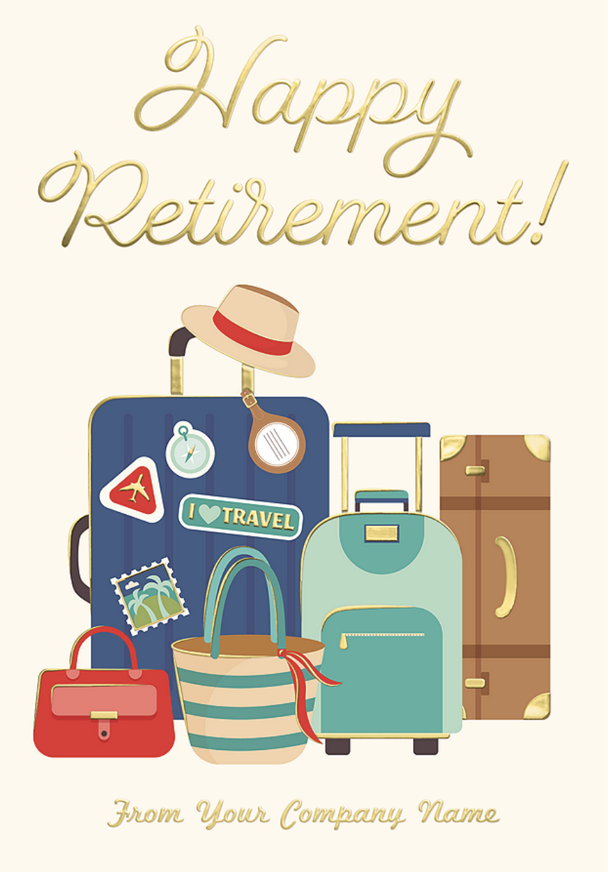 Retirement cards for employees featuring Happy Retirement travel-themed luggage illustration