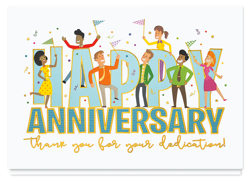 Happy anniversary card for employee recognition with a festive design, diverse cartoon characters, and the message 'thank you for your dedication.'