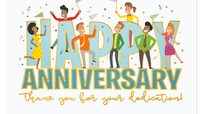Happy anniversary card for employee recognition with a festive design, diverse cartoon characters, and the message 'thank you for your dedication.'