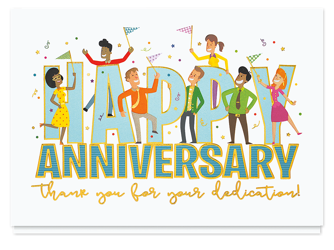 Happy anniversary card for employee recognition with a festive design, diverse cartoon characters, and the message 'thank you for your dedication.'