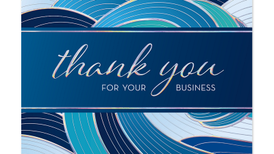 Elegant business thank you card for customer appreciation, featuring 'Thank You for Your Business' text in iridescent font, centered on a dark blue band with decorative wave patterns in shades of blue and teal.
