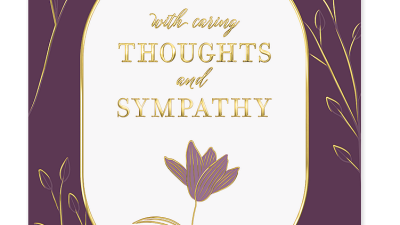 sympathy card message on elegant purple sympathy card with gold foil floral design
