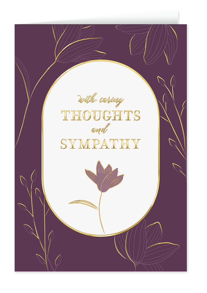 sympathy card message on elegant purple sympathy card with gold foil floral design