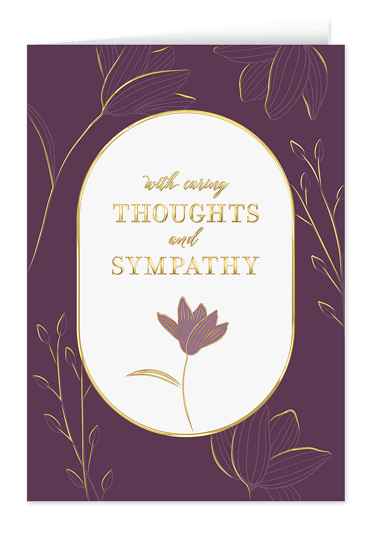 sympathy card message on elegant purple sympathy card with gold foil floral design