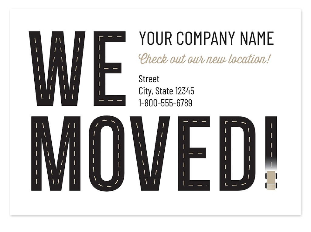 Business moving announcement cards design with “We Moved” message and new company address details