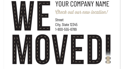 Business moving announcement cards design with “We Moved” message and new company address details
