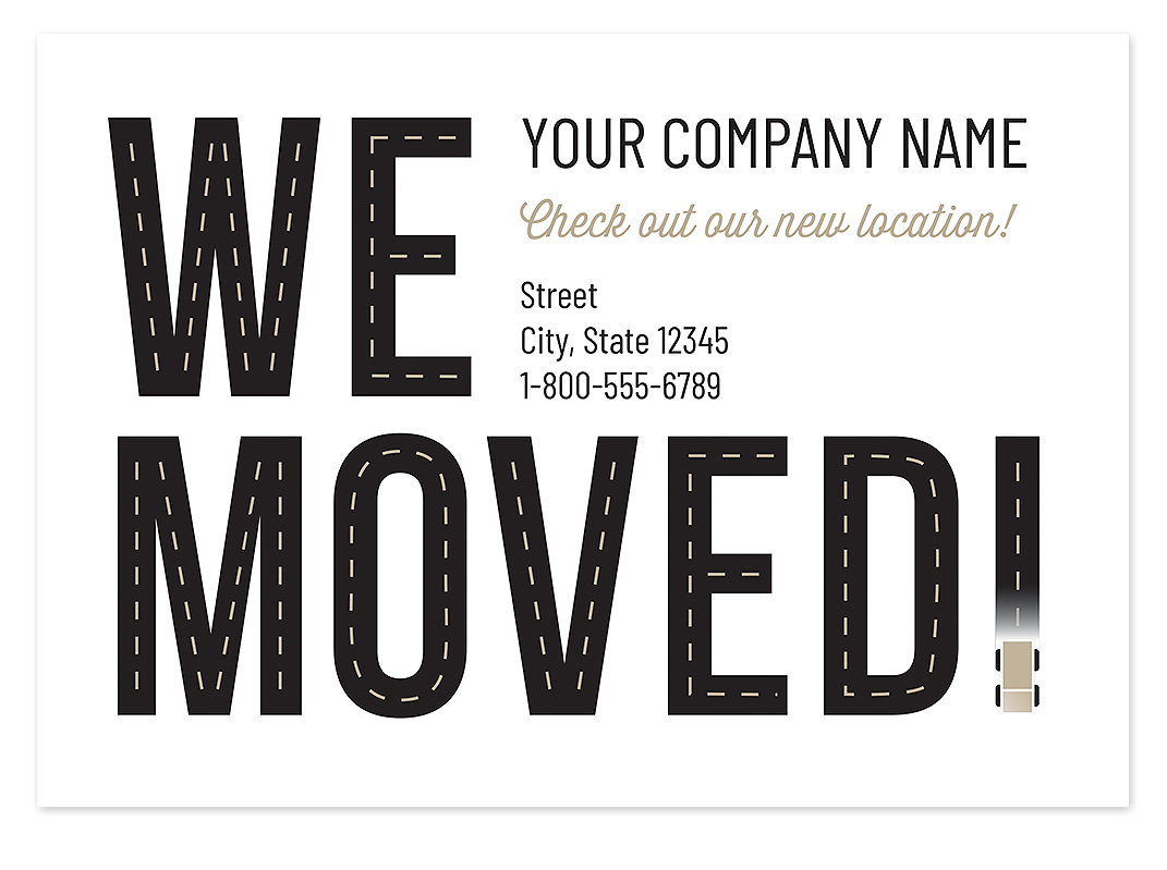 Business moving announcement cards design with “We Moved” message and new company address details