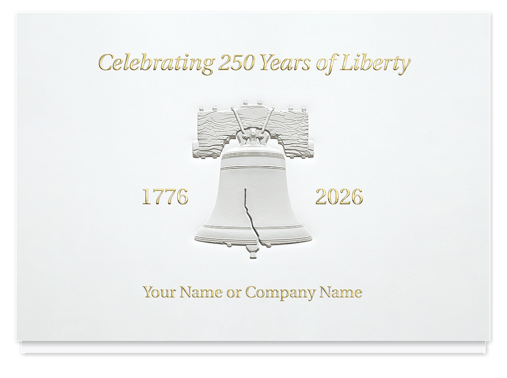 250th anniversary greeting card with Liberty Bell design for semiquincentennial celebration.