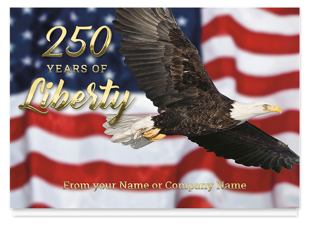 Patriotic business greeting card with bald eagle and 250 years of liberty design.