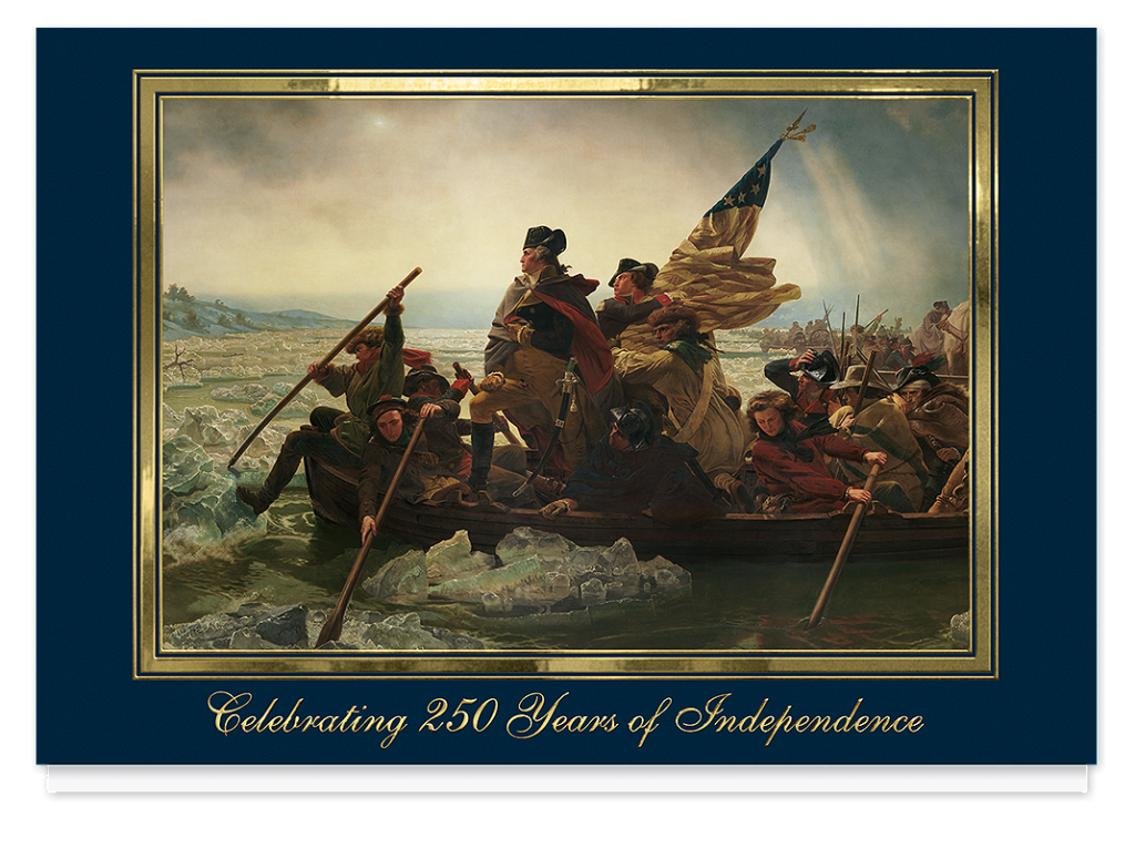 Semiquincentennial greeting card featuring Washington Crossing the Delaware painting.