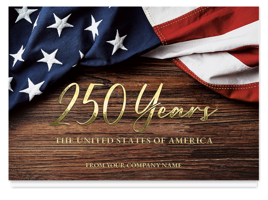 America 250 greeting card with American flag and 250 years design for businesses.