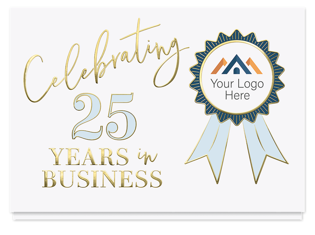 business anniversary cards for company milestones celebrating 25 years in business with elegant gold design and customizable logo spot