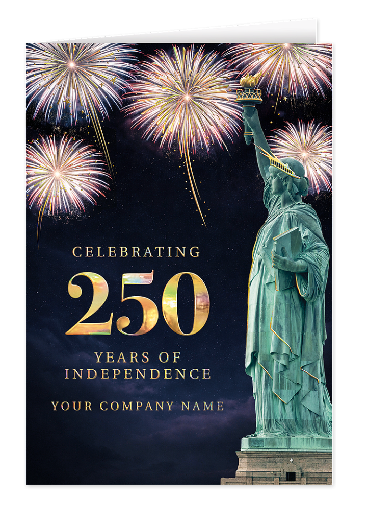 America 250 greeting card with Statue of Liberty and fireworks celebrating independence.