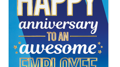 business anniversary cards for employees with “Happy anniversary to an awesome employee” message and gold star design