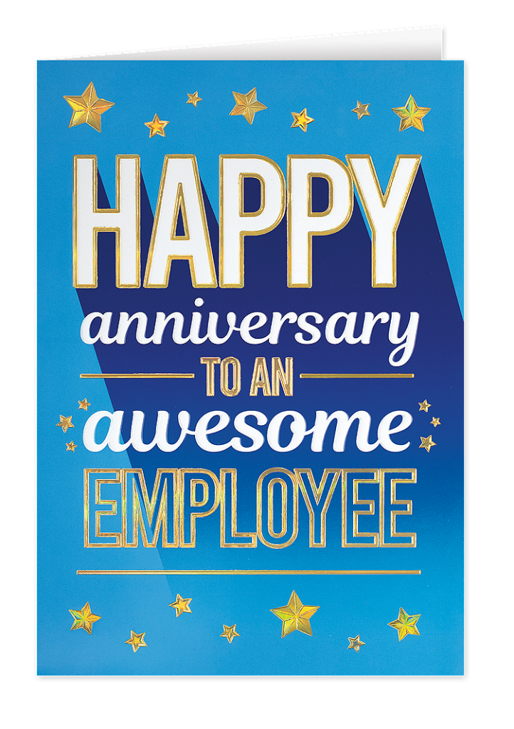 business anniversary cards for employees with “Happy anniversary to an awesome employee” message and gold star design