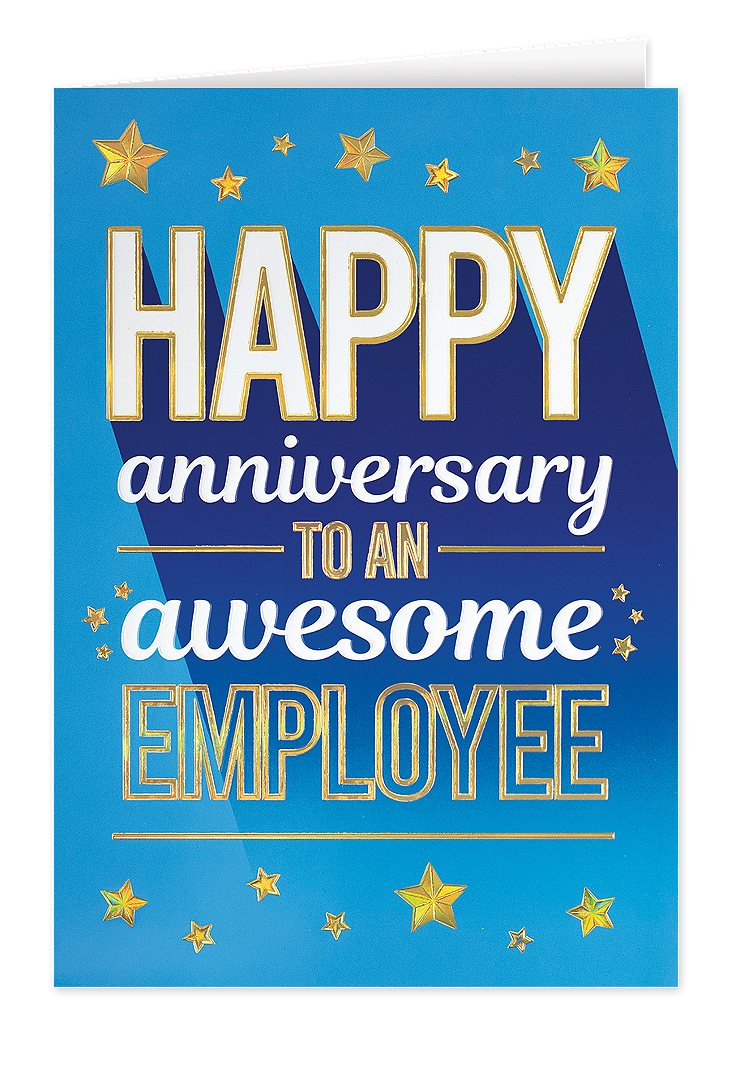 business anniversary cards for employees with “Happy anniversary to an awesome employee” message and gold star design