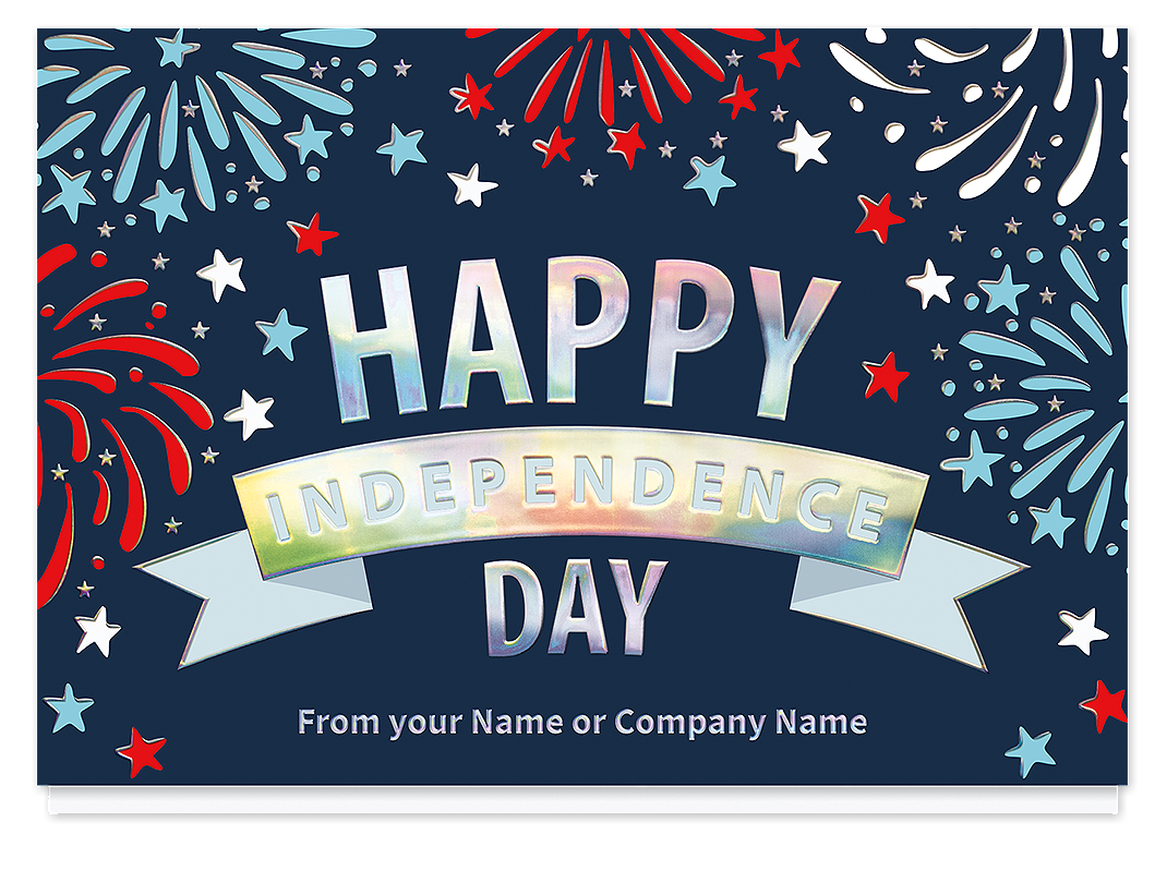 4th of July cards for businesses featuring Happy Independence Day message with fireworks and patriotic stars.