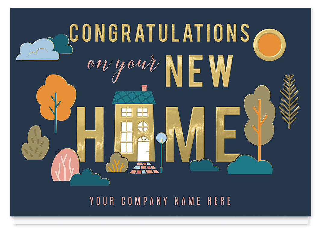 Real estate marketing materials featuring a customizable new home congratulations card