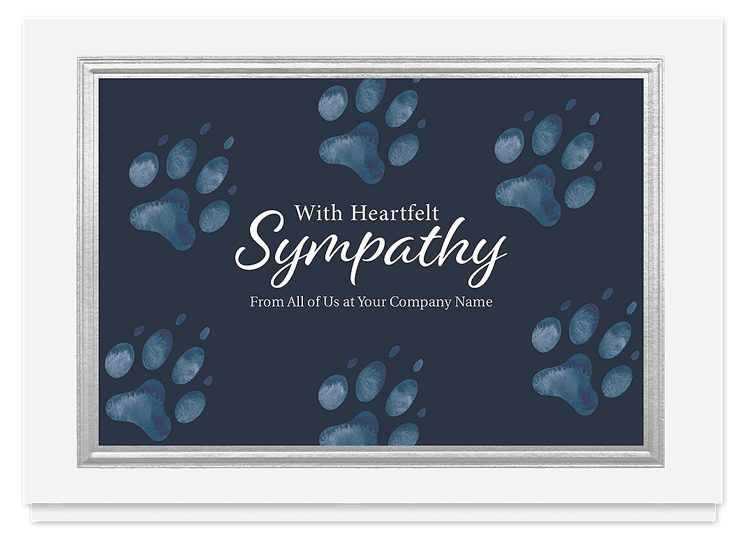 Pet sympathy cards featuring blue paw prints and a heartfelt sympathy message