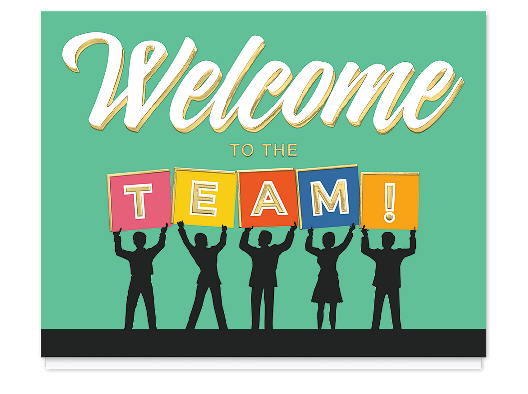 Employee welcome cards featuring a colorful welcome to the team design